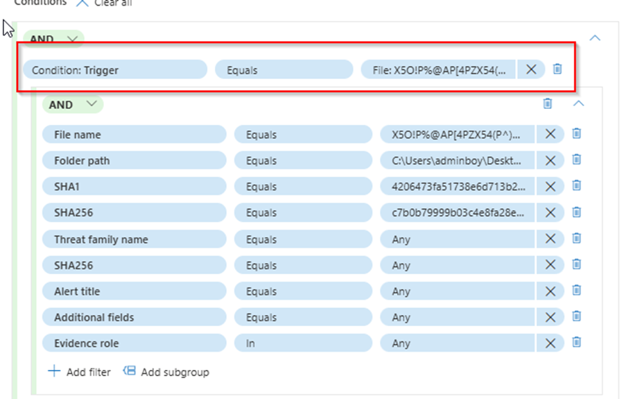 Screenshot of a conditions panel from a security alert filtering interface.